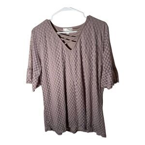 Shannon Ford New York Blouse Women's 2X Brown V-Neck Cage Textured Lace Top